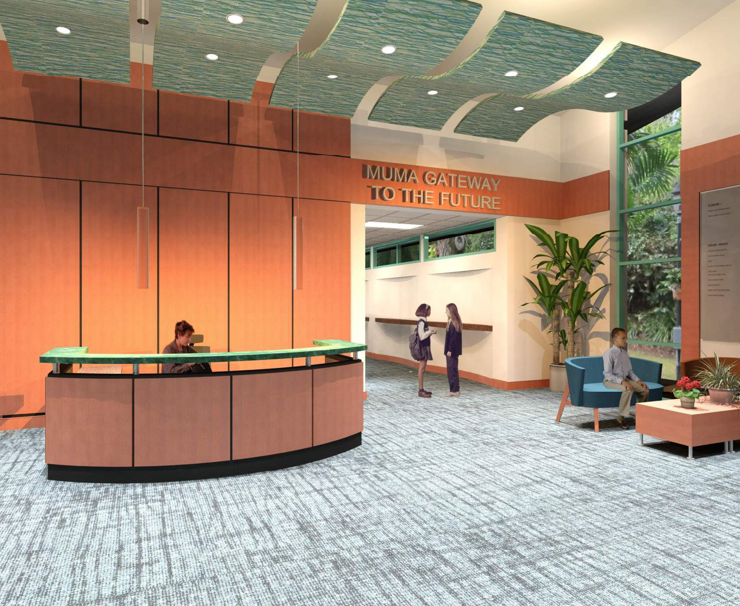 A rendering of the reception area of the new Junior Achievement facility.