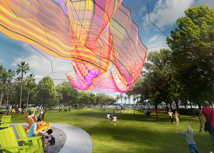 An artist's rendering of "Bending Arc," the aerial sculpture that Tampa native and renowned artist Janet Echelman is creating for the new St. Petersburg Pier. 