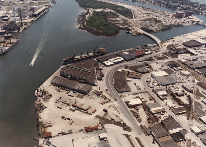 The Ybor Channel and Channel District looking south in the mid 1980s, before redevelopment revitalized the area