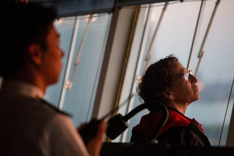 Harbor Pilot Carolyn Kurtz carefully guides a Chinese ship into Port Tampa Bay.