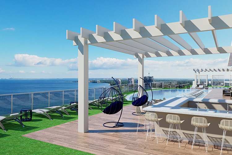 Rendering of the rooftop lounge at Altura Bayshore.