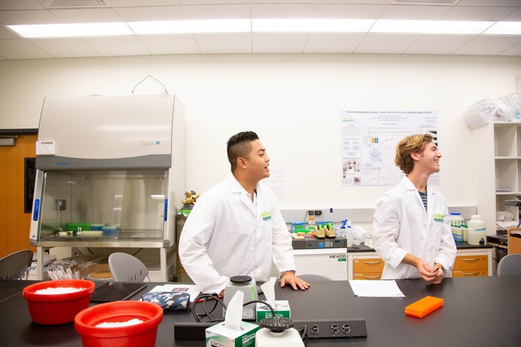 Tony Tran and Alec Tvenstrup share a moment in their undergraduate microbiology class at USF.