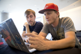 Swift of Major League Hacking and Matthias Elliott work during Project34 Hackathon at The Dali Muesum.  