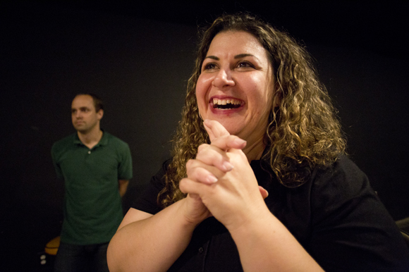 Crystal Haralambou watches her Improv Level II class as they perform at The Box in Ybor. 