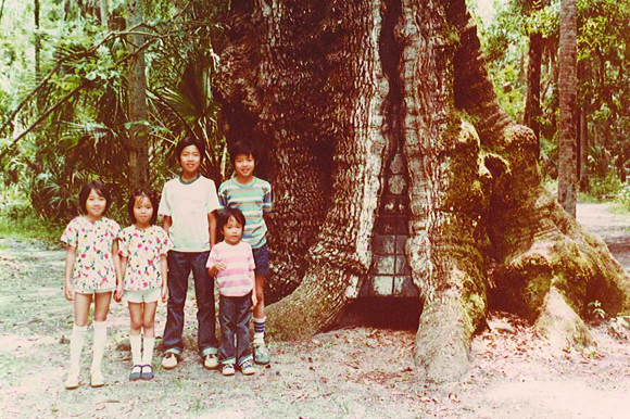 The Nguyen children pose under a giant tree in a Florida park.