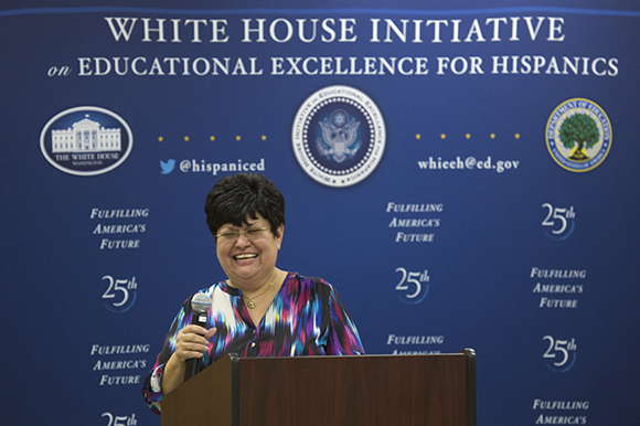 Lourdes Villanueva, Director of Farmworker Advocacy for R.C.M.A., speaks at the White House Initiative on Educational Excellence for Hispanics event at H.C.C. in Ruskin. 