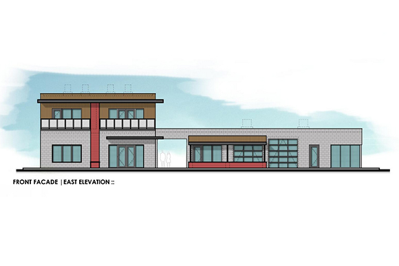This drawing shows front façade of new building being developed in Seminole Heights by Greg Barnhill. The building on the right will house Twisted Sun Rum Distillery. On the left, or southernmost part of the property, The Wine Bar Seminole Heights wi