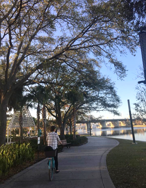 Bicycling along the Tampa Riverwalk.