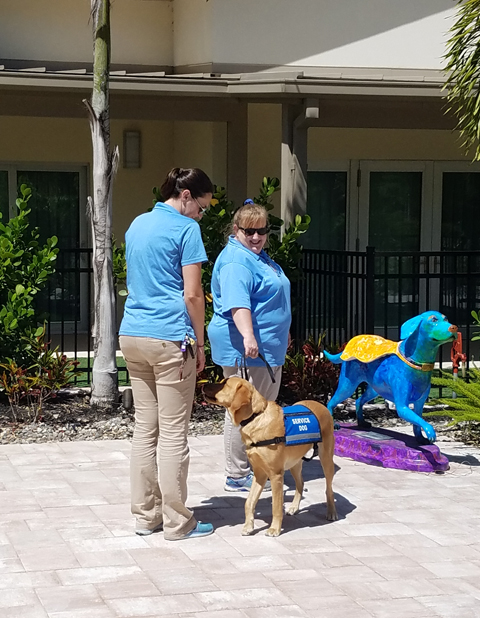 Laska Parrow, Kim Hyde, and Ponce, show a service dog maneuver for keeping a stranger from getting too close to their companion. 