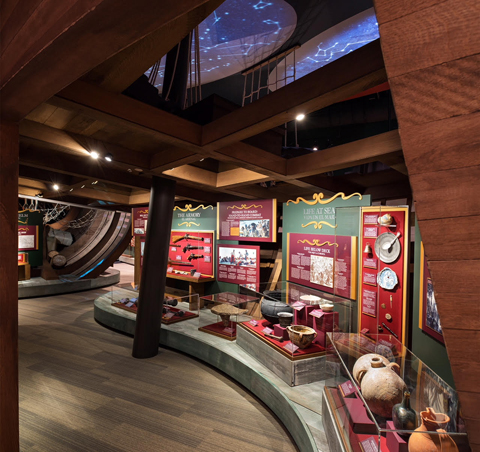 Guests can wander below deck to see a collection of shipwreck artifacts from the 18th century.