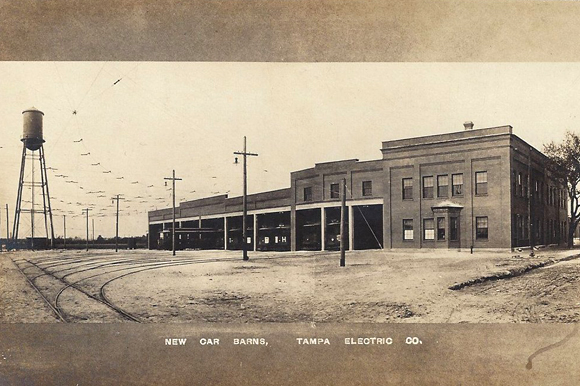 1912 postcard advertising the opening of the new Tampa Electric Company streetcar barn, which is now Armature Works.