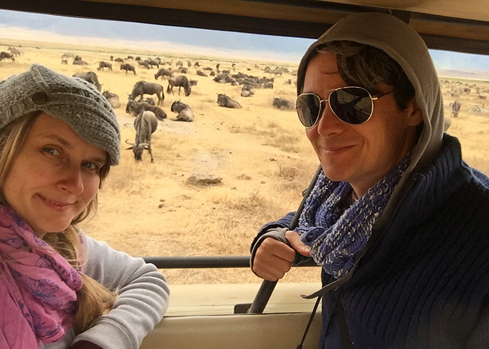 Amber Sigman and Aaron Clark on safari at the Ngorongoro Crater in Tanzania.