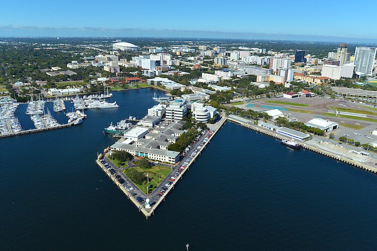 A 2018 drone photo shows the College of Marine Science and greater USF St. Petersburg campus, and their Innovation District affiliates.
