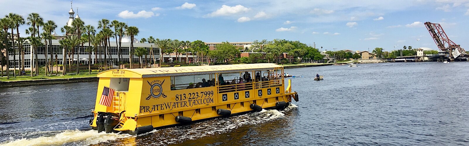 Passengers ride Pirate Water Taxis along the Hillsborough River through downtown Tampa and around the surrounding bays. 