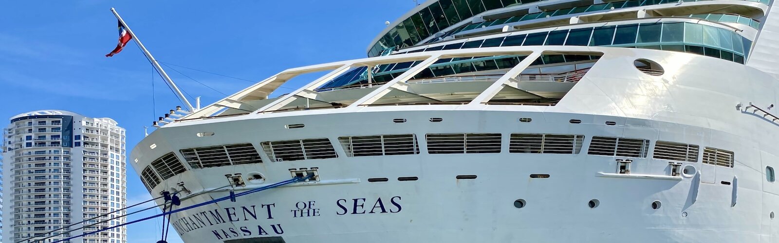 Enchantment of the Seas, a Royal Caribbean cruise ship with a capacity of about 3,000 passengers and crew, departs from the Channel District in downtown Tampa.