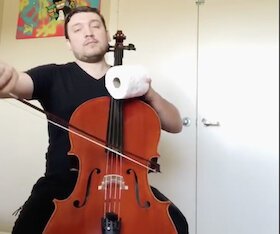 Toilet tissue and a sense of humor help TFO Cellist Doniyor Zuparov survive social distancing.