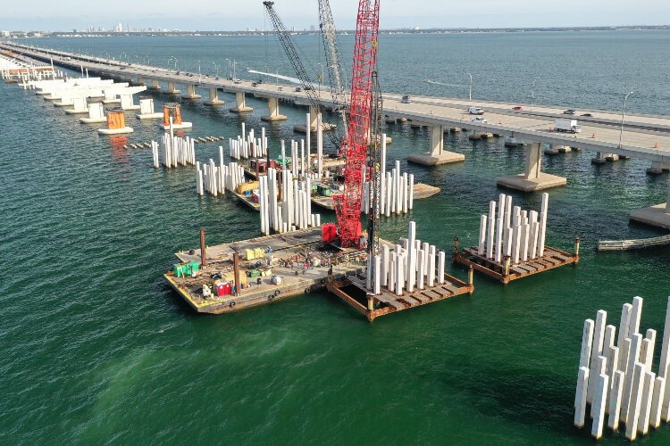 A December 2023 look at the construction progress on the new Howard Frankland Bridge.