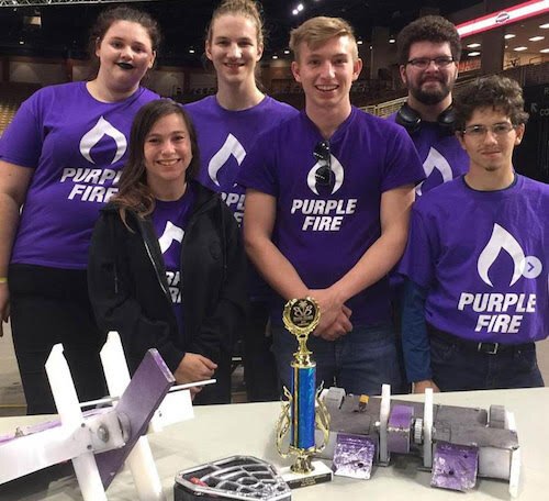 Florida Polytechnic’s Purple Fire Robotics Club is invited to compete in Techfest at the Indian Institute of Technology in Bombay in 2021. Back: Rachael Stanley, Reid Canyon Kauffman, Matt Lydon. Front: Alexandra Dubs, Jacob Rogers, Antonio Varela.