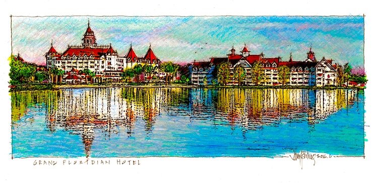 Grand Floridian Hotel at Disney World sketch by John Pehling.