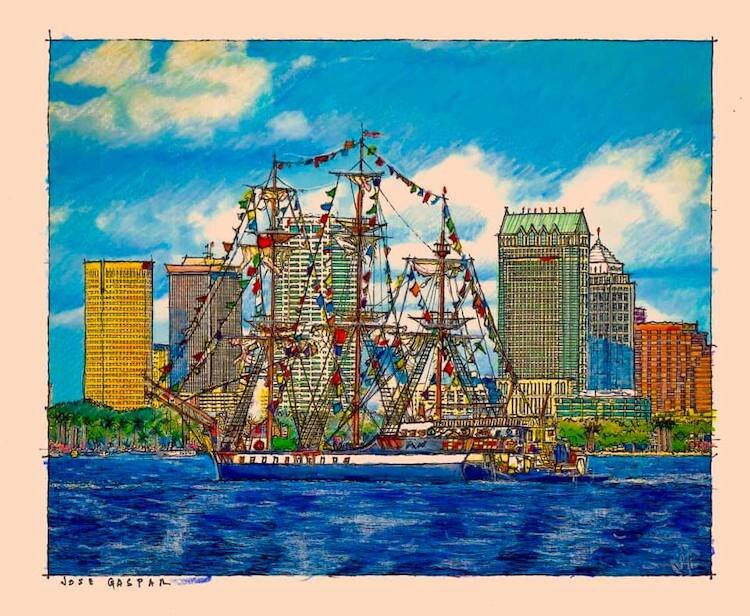 A Gasparilla pirate ship invades downtown Tampa sketch by John Pehling.