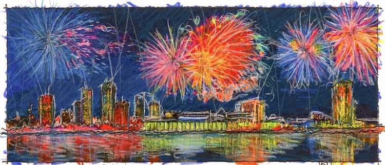 Fireworks over Tampa sketch by John Pehling.