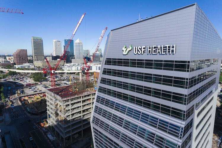 A drone's-eye view of the new USF Health Morsani College of Medicine and Heart Institute in downtown Tampa.