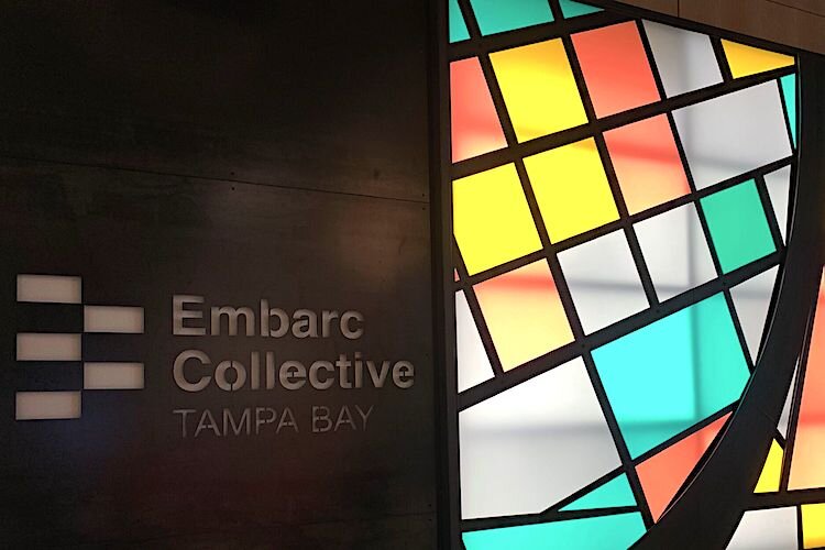 The backdrop in the lobby of Embarc Collective, 802 E. Whiting St., in downtown Tampa.