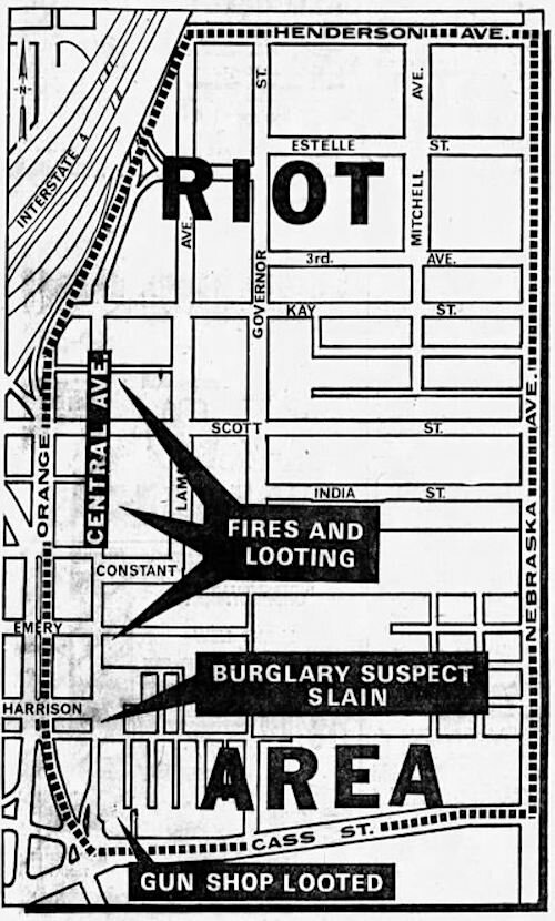 A map showing the area of Tampa where riots occurred in June 1967.