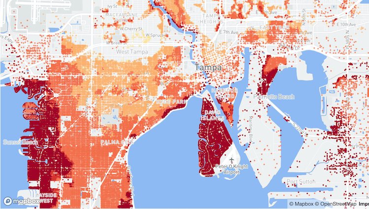 Google Screengrab of Mapbox image showing flood risk in downtown and South Tampa.