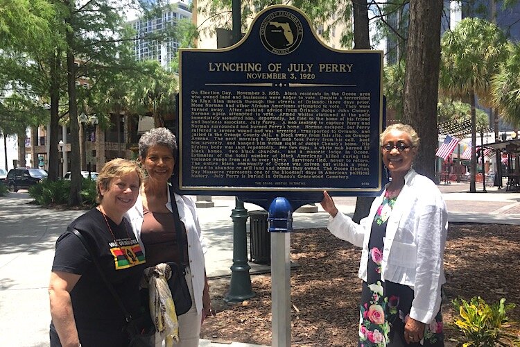 Dr. Julie Armstrong, Mrs. Donna McRae and Attorney Jacqueline Hubbart at the unveiling of the Orlando lynching memorial marker.