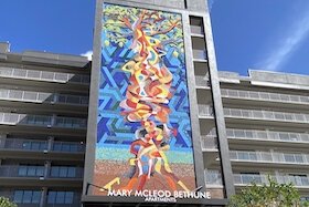 Public artwork showcases the entryway to the new Mary McLeod Bethune apartments for seniors in Tampa.