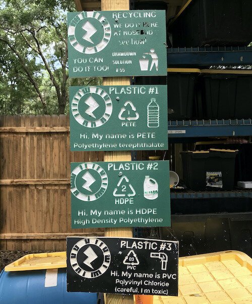 Confused about which types of plastics to recycle? Use a smartphone to scan the "Zappar Codes" on signs at Rosebud Continuum made from recycled plastics to learn about recycling.