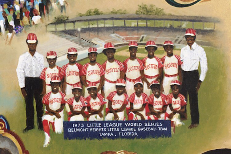 This mural commemorates the 1973 Belmont Heights team that advanced to the Little League World Series.
