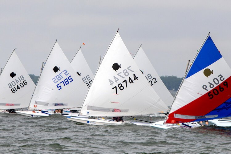 The FWSA race is on as Sunfish set sail off Davis Island in Hillsborough Bay.
