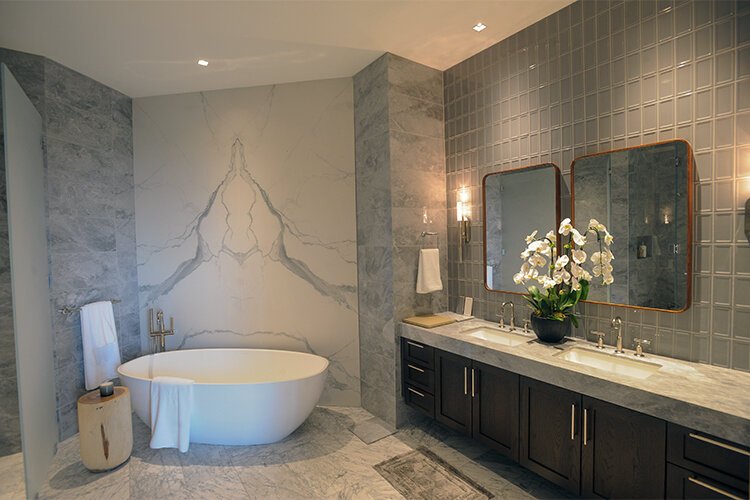  A view of a bathroom in a model condo at the sales center for the Residences by Ritz-Carlton at 3101 Bayshore Blvd. The luxury tower and villas are under construction with completion some time in 2024.