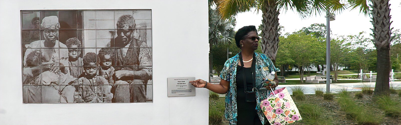 Tour guide Ersula Odom relates the Early Years of The Scrub with the LIFETILES of Rufus Butler Seder who used hand cast optical tiles and historic photographs to create his artwork.