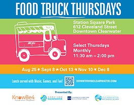 The monthly Food Truck Thursdays event at downtown Clearwater's Station Square Park launches August 25th with Kickin Caribbean as the featured food truck.