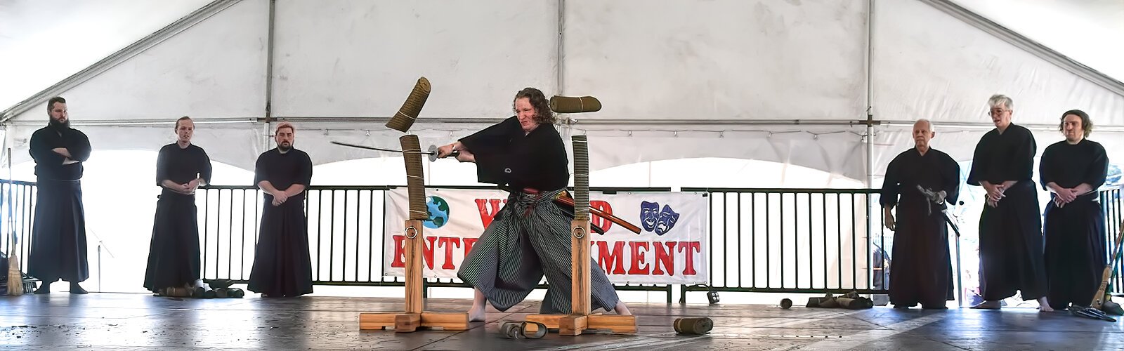 A member of Nihonzashi gives a demonstration of Japanese swordsmanship on stage at the 47th annual International Folk Fair in St Petersburg.