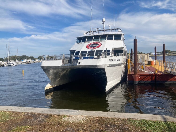 The Cross-Bay Ferry docked at the North Straub Park passenger terminal in downtown St. Petersburg.