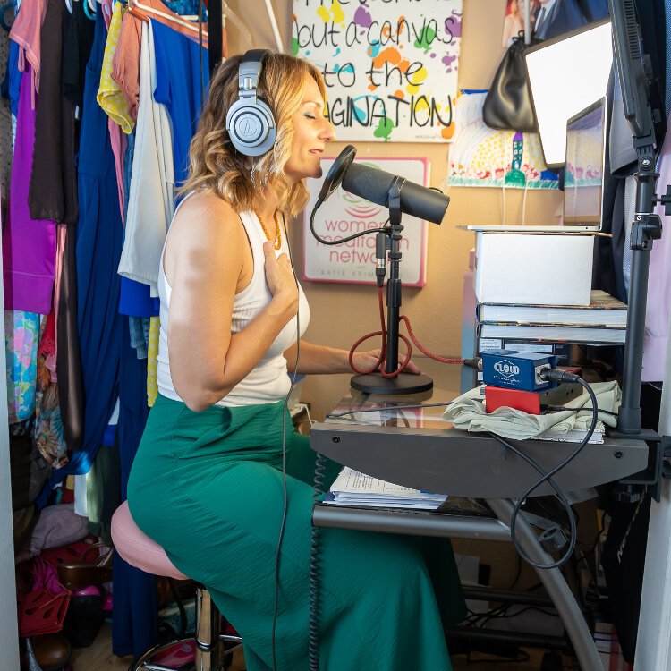 To this day, Katie Krimitsos records her meditation podcasts for women in her closet. "It’s so good for audio quality," she says.