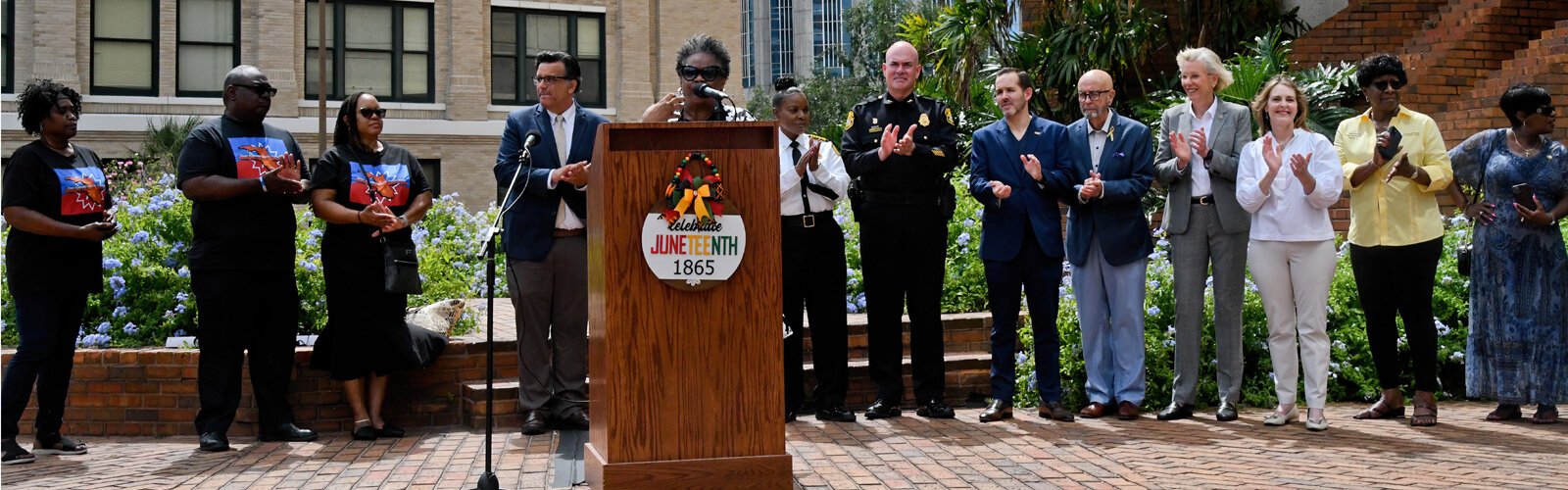 Applauded by members of the Tampa Bay Juneteenth Coalition and elected officials, Tampa City Councilwoman Gwen Henderson speaks about Juneteenth, encouraging all to find the joy in the pain that was suffered.