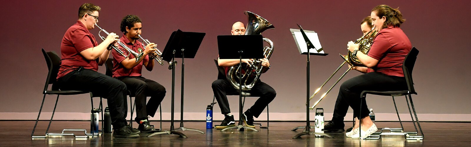 Composed of music teachers from the Tampa Bay area, a small ensemble of the Tampa Brass Band demonstrates their mastery of the trumpet, tuba, trombone and French horn.