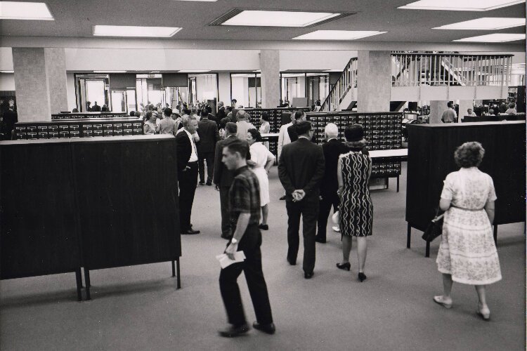 A tour of the Tampa Public Library during the April 21, 1968 dedication ceremony. 