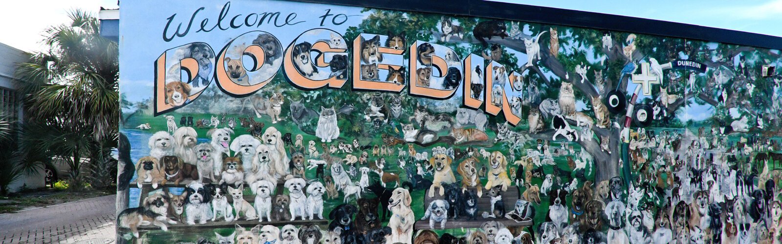 A “Welcome to Dogedin” mural greets visitors at Skip’s Bar & Grill in Dunedin, vouching for the city’s strong pet-friendly reputation that earned it the nickname Dogedin.