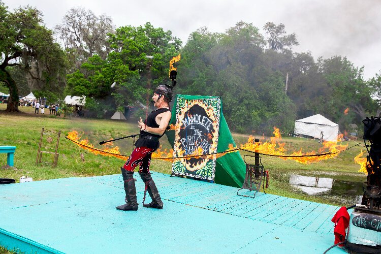 Manolete entertains crowds with his with his Pyro Gyro Show at the Bay Area Renaissance Festival's fifth themed weekend "Shamrocks & Shenanigans." 