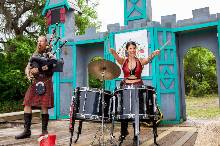 Damh and Dove, the duo of great Highland bagpipes and drums, perform multiple shows each weekend at the Bay Area Renaissance Festival's seven-week themed 16th Century celebration.