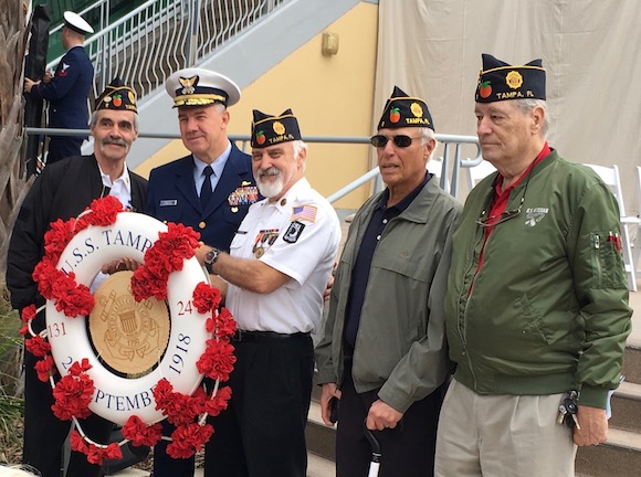 The American Legion presents a Life Ring Wreath honoring 131 souls lost aboard the USS Tampa in WWI.
