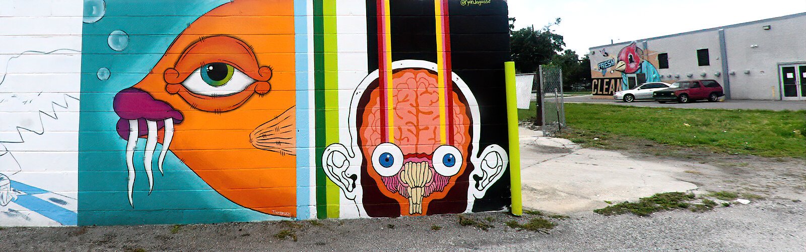 “Feesh,” the first public mural by artist Tinybrush, shares a wall in Tampa Heights with Ryan Lagasse’s mural for the Guava City Paint Jam.