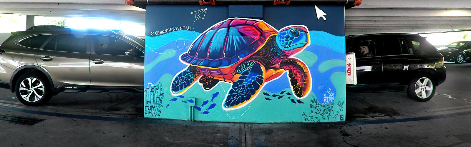 Quinn Cale’s colorful turtle mural brings a creative vision of marine wildlife into the parking garage behind Grassroots Kava House in Seminole Heights.
