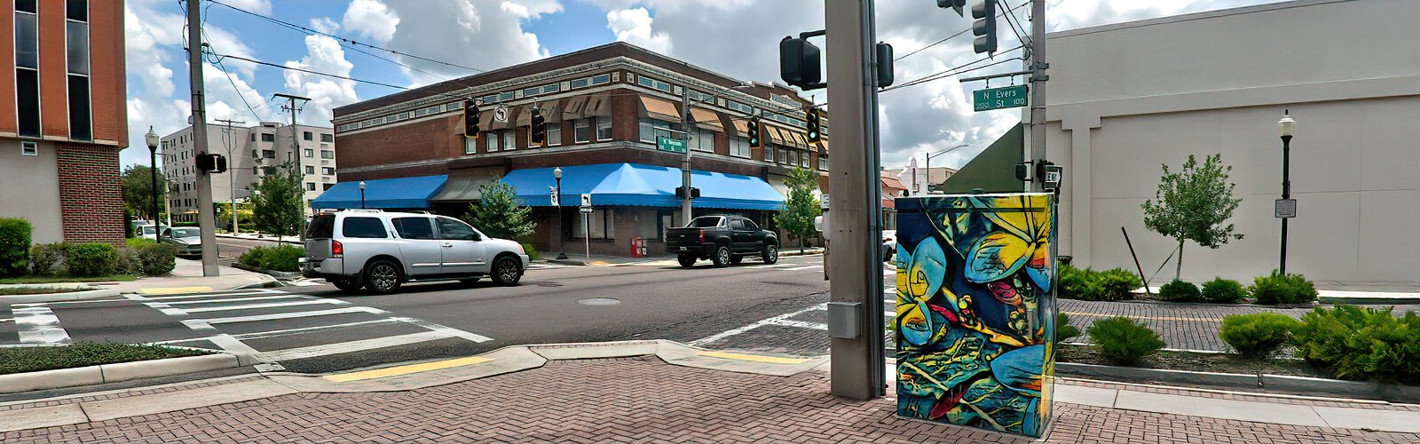 Artist Rob Yoho adds a splash of color to a downtown intersection with his electrical box artwork, a winner at Plant City’s Electrical Art Box Competition. 